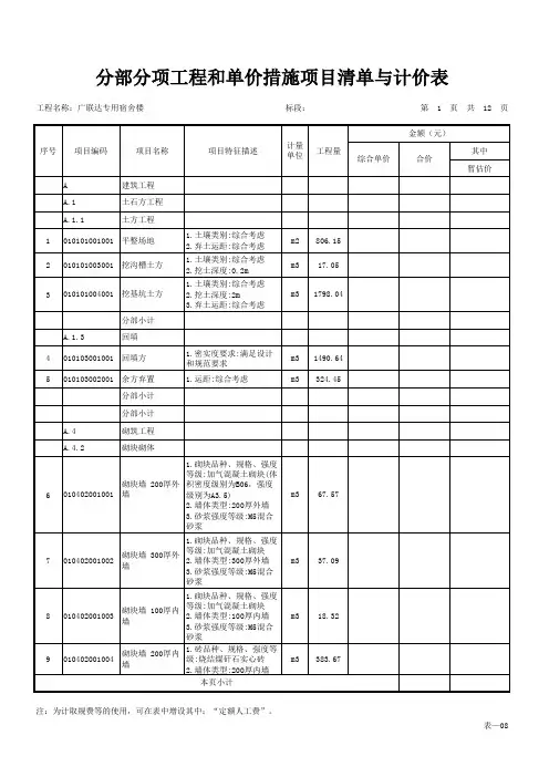 广联达专用宿舍楼_工程量清单