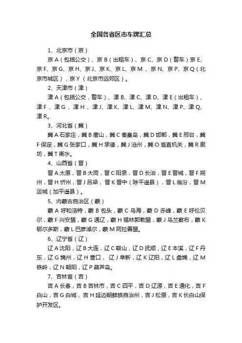 全国各省区市车牌汇总