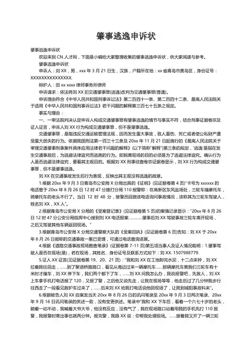肇事逃逸申诉状