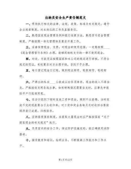 出纳员安全生产责任制范文（5篇）
