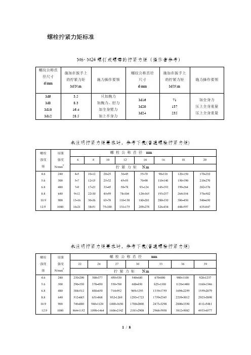 螺栓拧紧力矩表