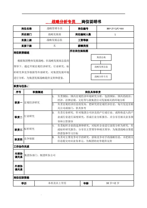 战略发展部战略分析员岗位说明书