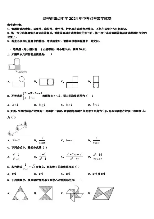咸宁市重点中学2024届中考联考数学试卷含解析