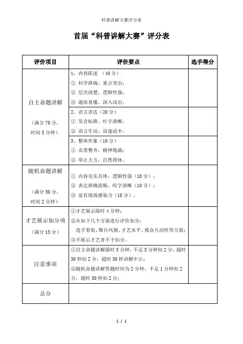 科普讲解大赛评分表
