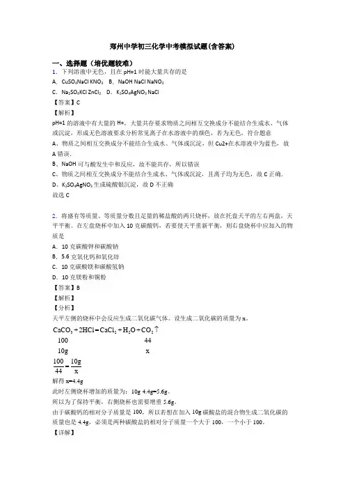 郑州中学初三化学中考模拟试题(含答案)