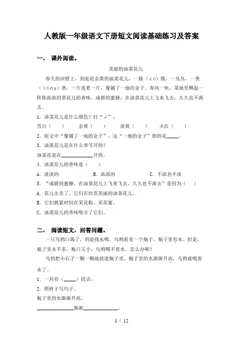 人教版一年级语文下册短文阅读基础练习及答案