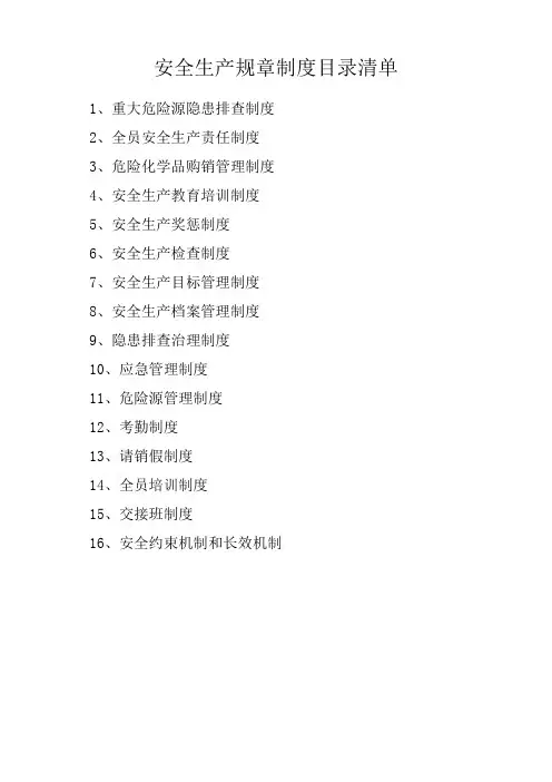 安全生产规章制度目录清单