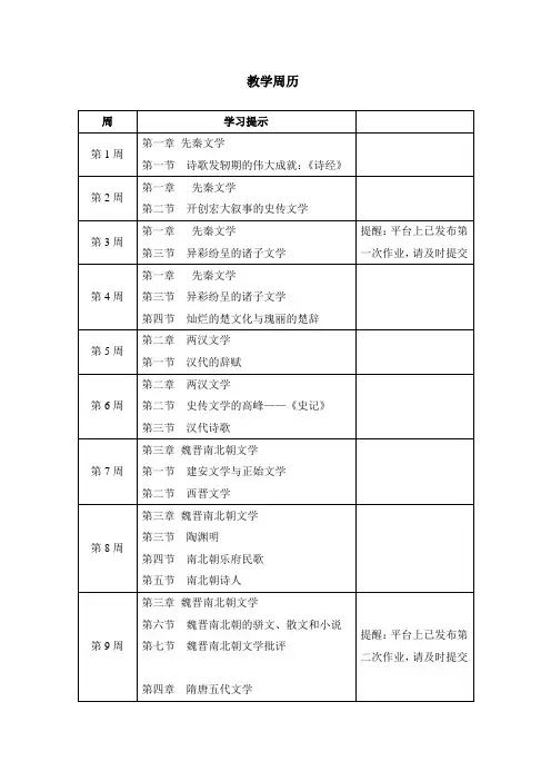 中国古代文学  教学日历