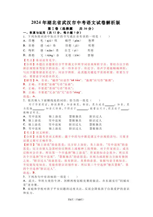2024年湖北省武汉市中考语文试卷(解析版)