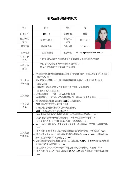 黑龙江中医药大学 博士研究生导师简介 陈晶