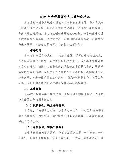 2024年大学教师个人工作计划样本（二篇）