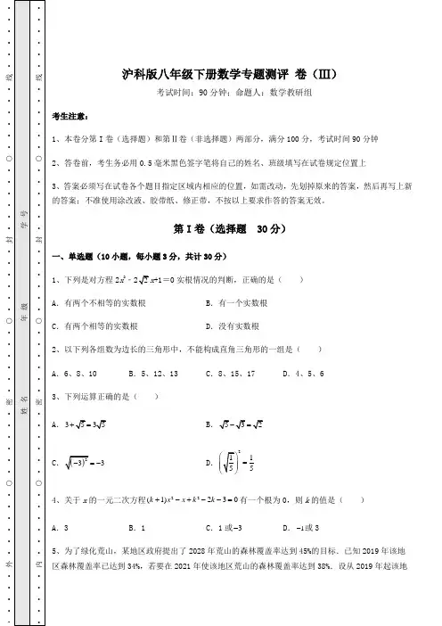沪科版八年级下册数学专题测评 卷(Ⅲ)(含答案详解)
