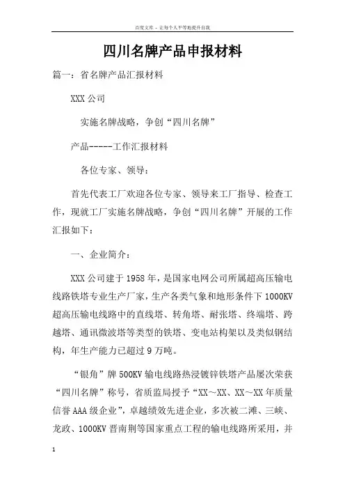 四川名牌产品申报材料