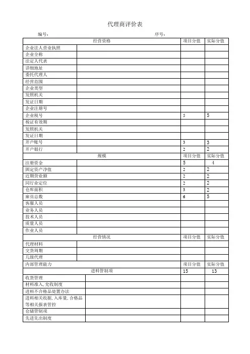 代理商评价表格