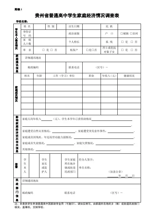 家庭经济情况调查表(样表)