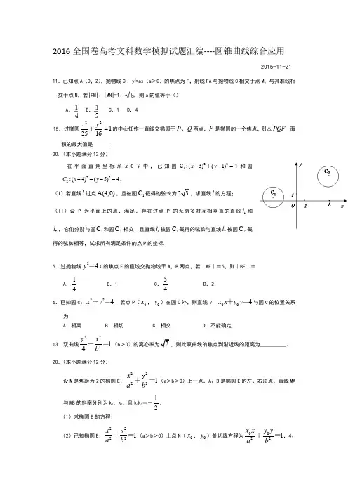 (完整word版)2016全国卷高考文科数学模拟试题汇编圆锥曲线综合应用