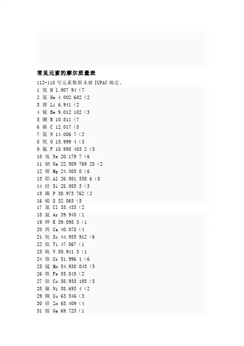常见元素的摩尔质量表