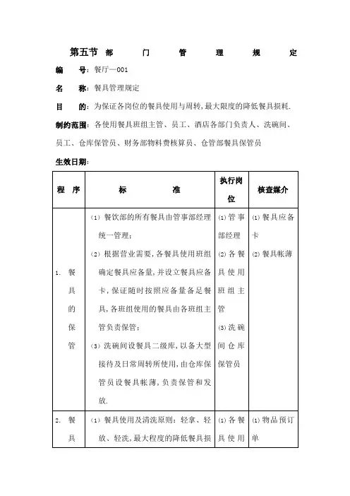 餐具管理规定部门管理规定制度格式