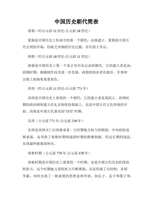 中国历史朝代简表