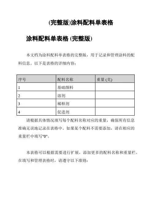 (完整版)涂料配料单表格