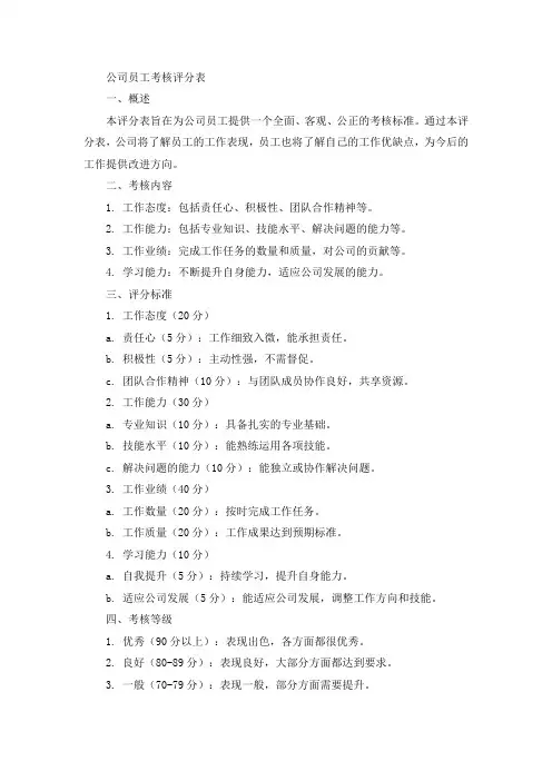 公司员工考核评分表