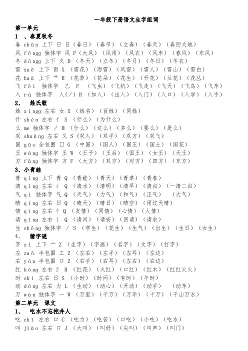 部编新人教版小学一年级语文下册生字(拼音、结构、偏旁、组词)