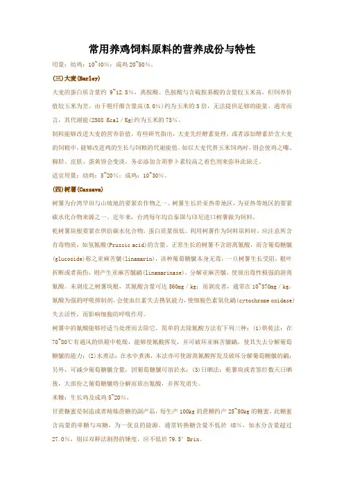 常用养鸡饲料原料的营养成份与特性