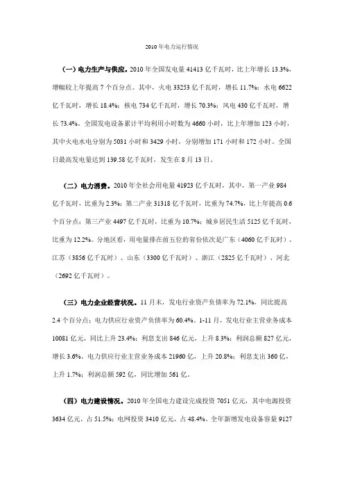 2010年电力运行情况
