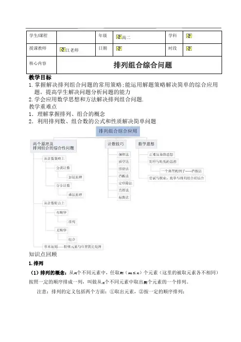 【精品】高中数学 排列组合综合问题   导学案