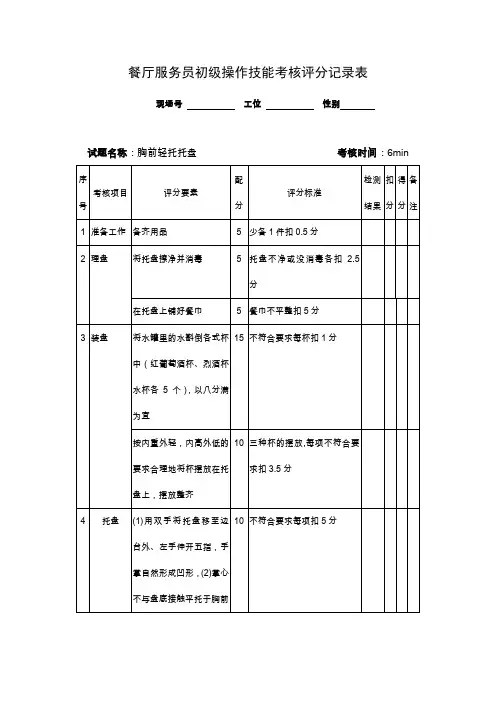 餐厅服务员初级操作技能考核评分记录表