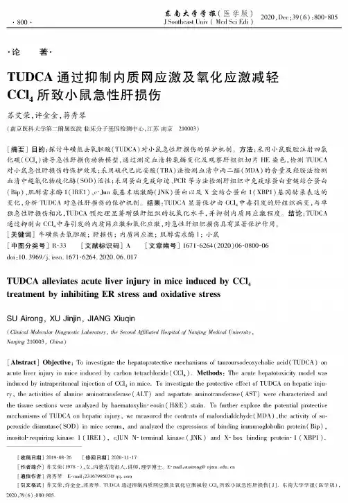 TUDCA通过抑制内质网应激及氧化应激减轻CCl_(4)所致小鼠急性肝损伤
