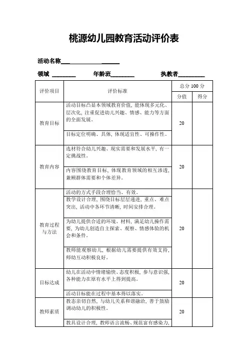 幼儿园教育活动评价表
