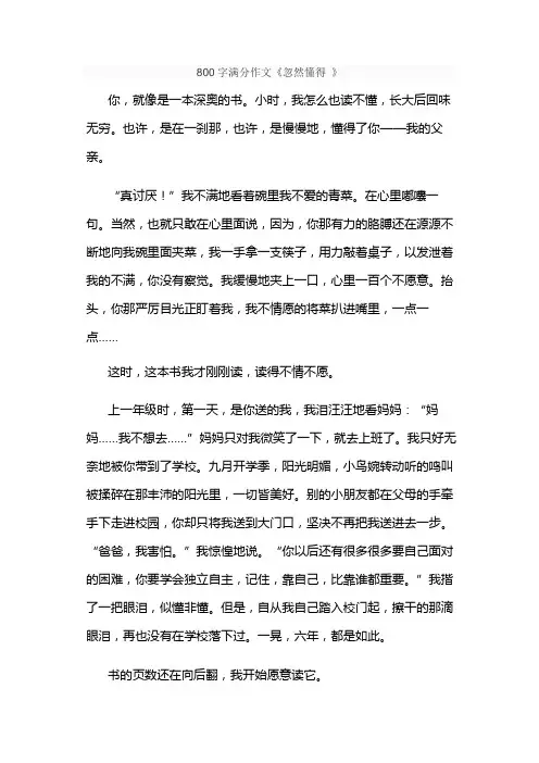 800字满分作文《忽然懂得 》