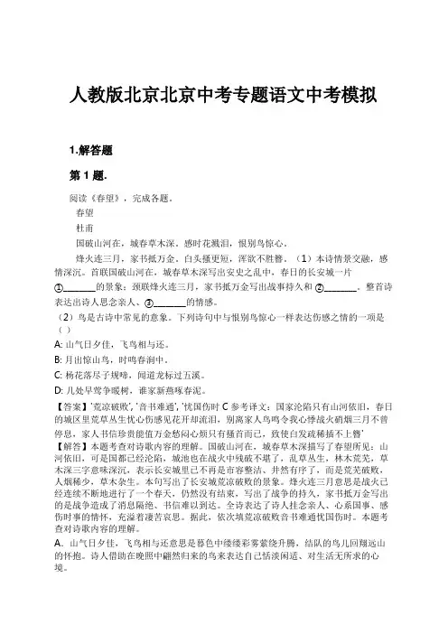 人教版北京北京中考专题语文中考模拟试卷及解析