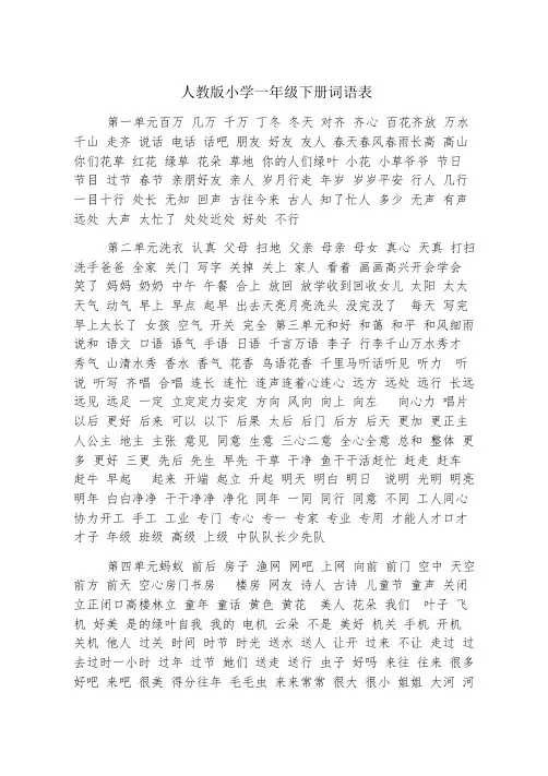 人教版小学一年级下册词语表