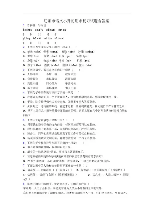 辽阳市语文小升初期末复习试题含答案