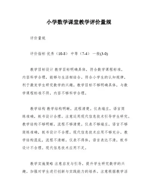 小学数学课堂教学评价量规