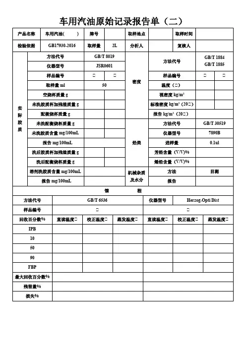 国六车用汽油原始记录报告单(二)
