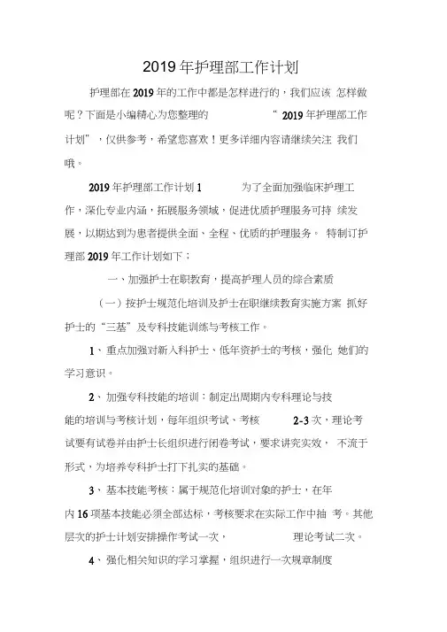2019年护理部工作计划