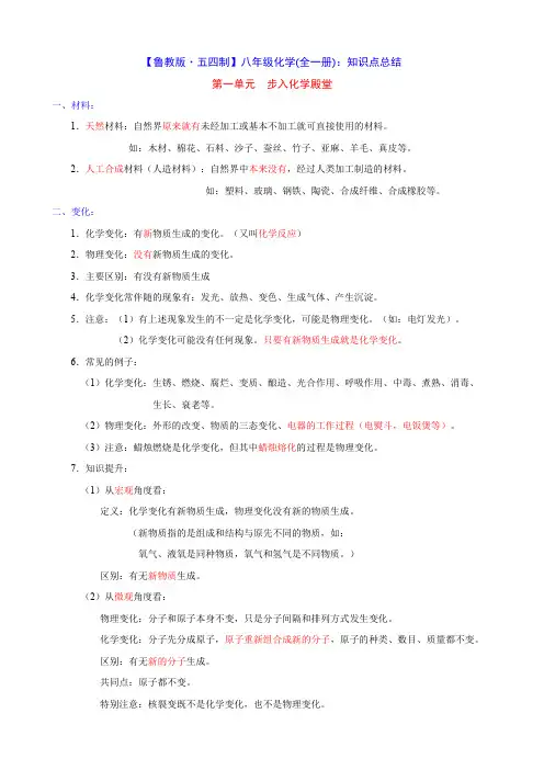 【鲁教54】八年级化学(全一册)考点总结