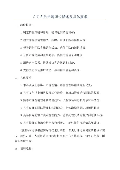 公司人员招聘职位描述及具体要求
