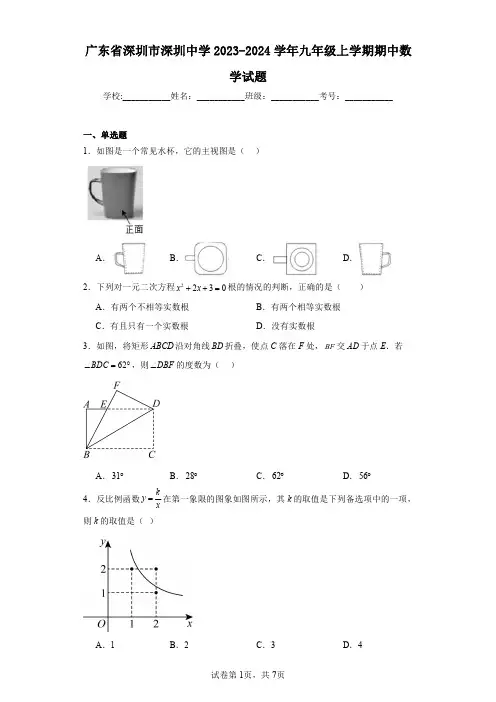 广东省深圳市深圳中学2023-2024学年九年级上学期期中数学试题