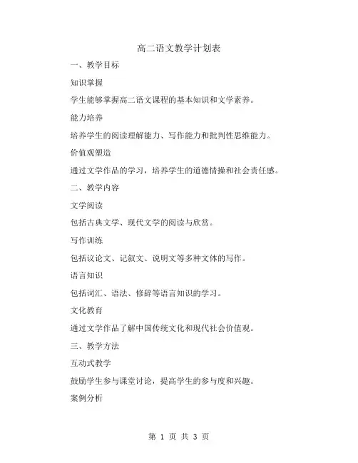 高二语文教学计划表