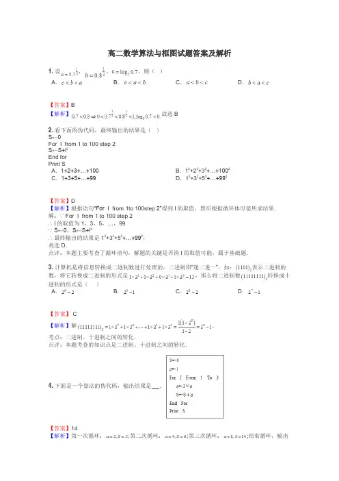 高二数学算法与框图试题答案及解析
