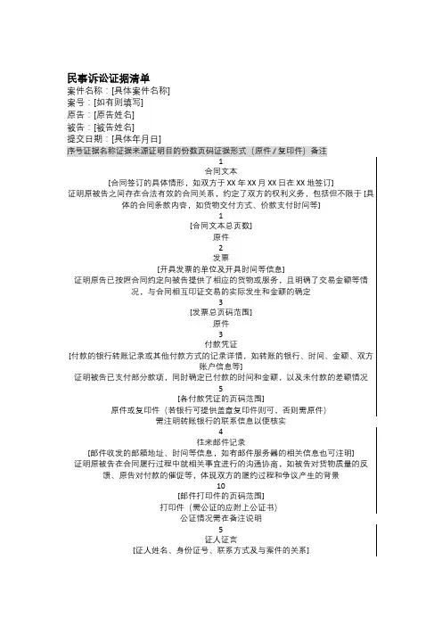 民事诉讼证据清单-模板