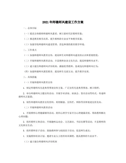 2021年师德师风建设工作方案