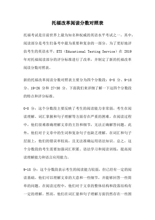 托福改革阅读分数对照表