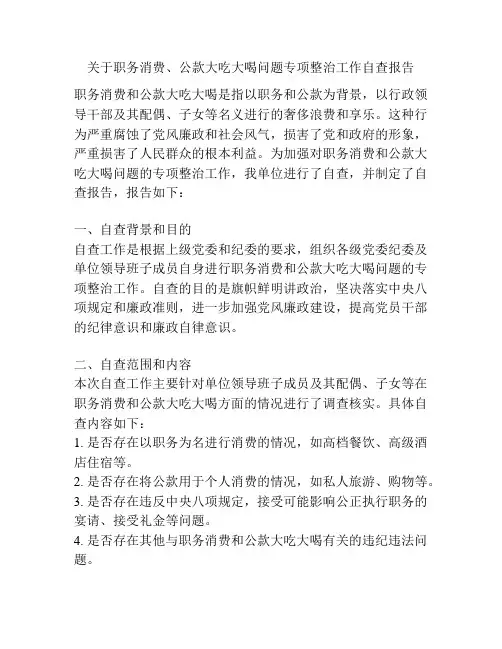 关于职务消费、公款大吃大喝问题专项整治工作自查报告