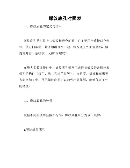 螺纹底孔对照表