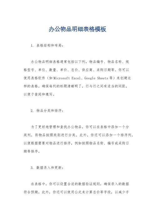 办公物品明细表格模板
